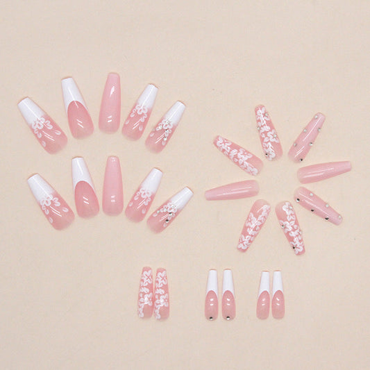 Luxury Long Ballerina Fake Nails: French & Rhinestone