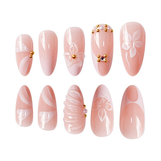 Elegant Almond Fake Nails with Simple White Ripple Design