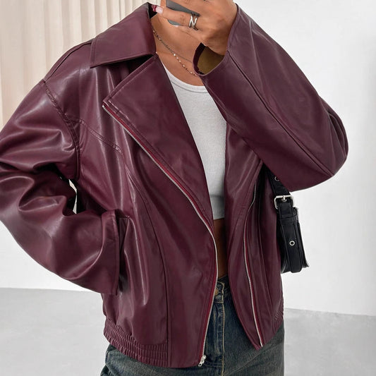 Women's Loose Fit Long Sleeve Leather Jacket