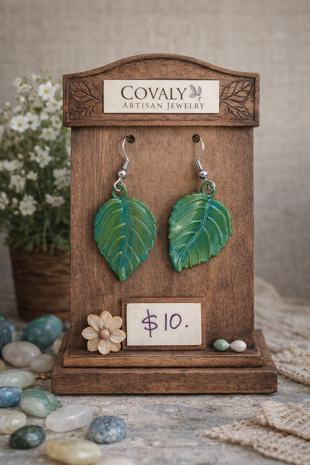Covaly Metal Green Leaf Earring