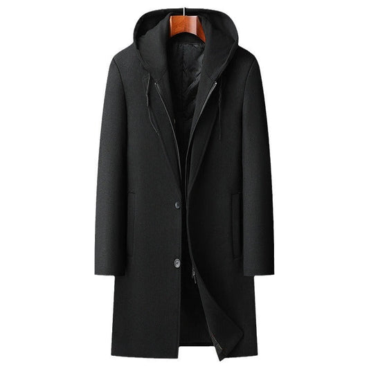 Premium Wool Blend Mid-Length Coat | Men's Detachable Hood Urban Topcoat