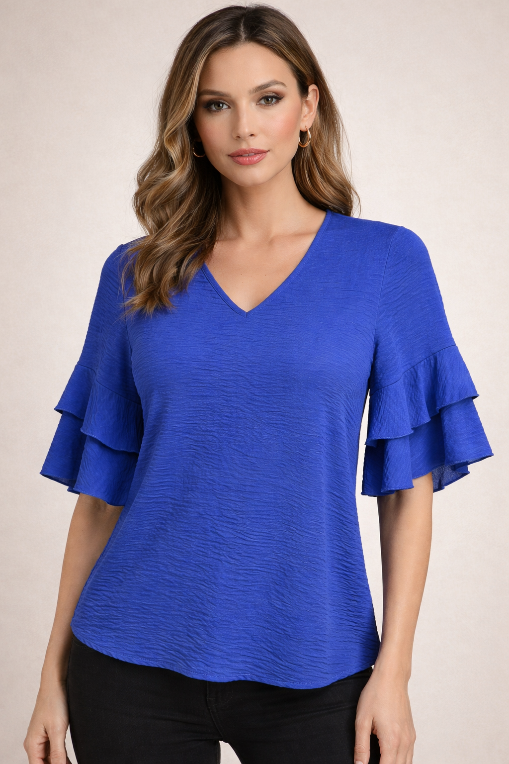 Teri's Couture Royal Blue Woven V-Neck Top with Ruffle Sleeves