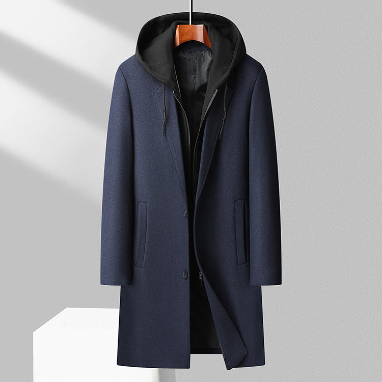 Premium Wool Blend Mid-Length Coat | Men's Detachable Hood Urban Topcoat