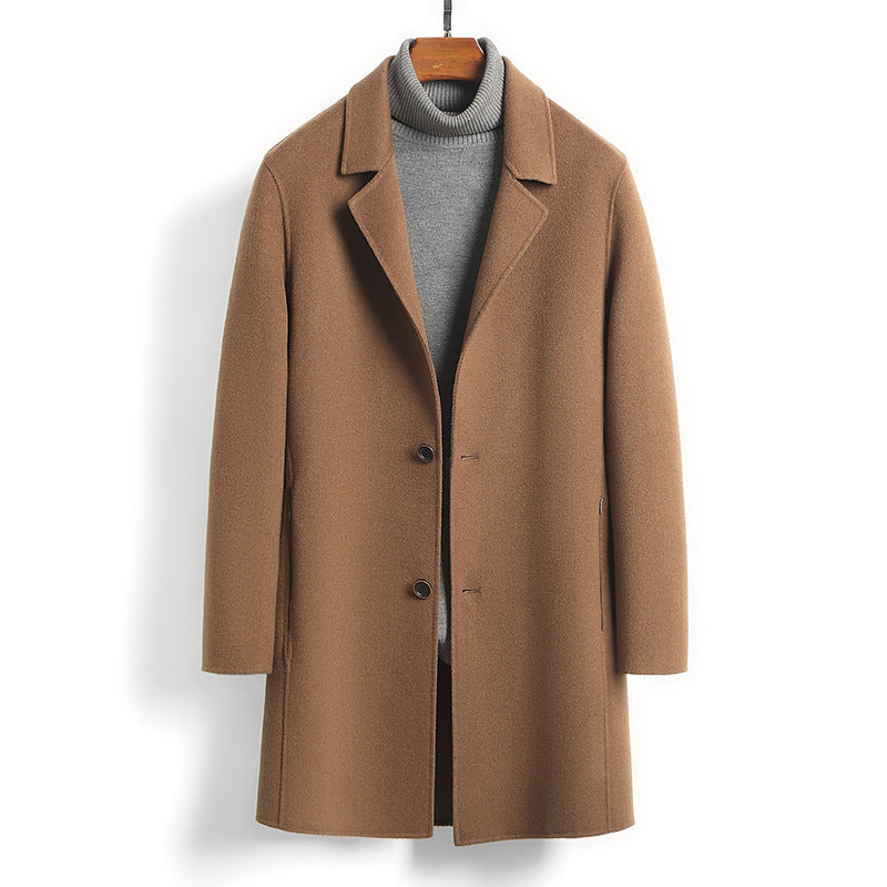 Premium Men's Solid Woolen Coat | Mid-Length Slim-Fit Worsted Overcoat