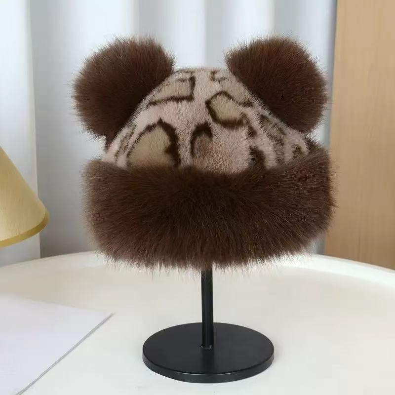 Leopard Pattern Bear Ear Thick Warm Fisherman Bucket Hat