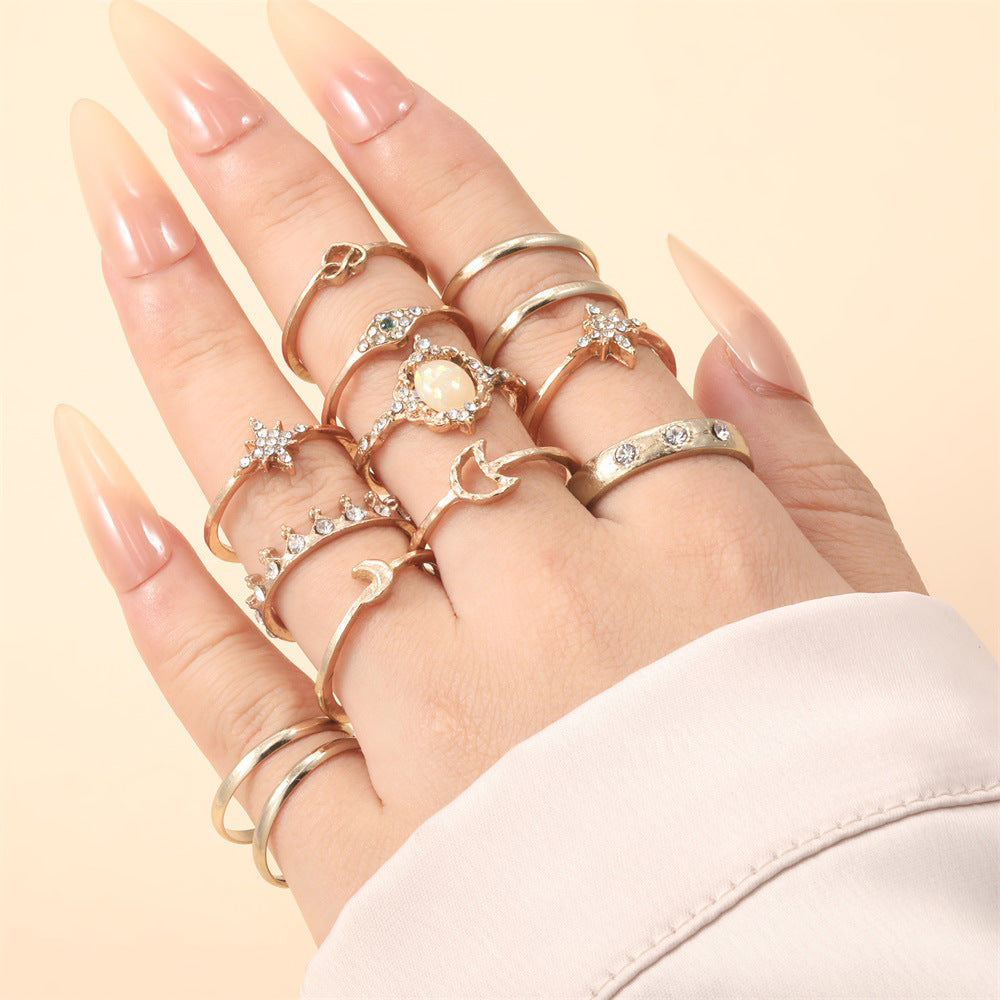 Vintage Opal Rhinestone Star Moon Stackable Ring Set