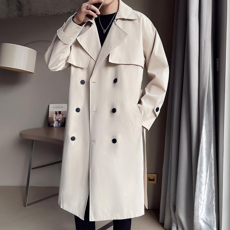 Men's Classic Beige Double-Breasted Trench Coat | Mid-Length Overcoat