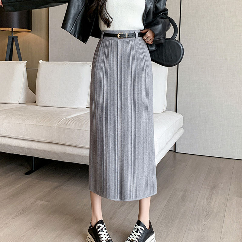 Knitted Sheath Straight Skirt with French Stripe Slit