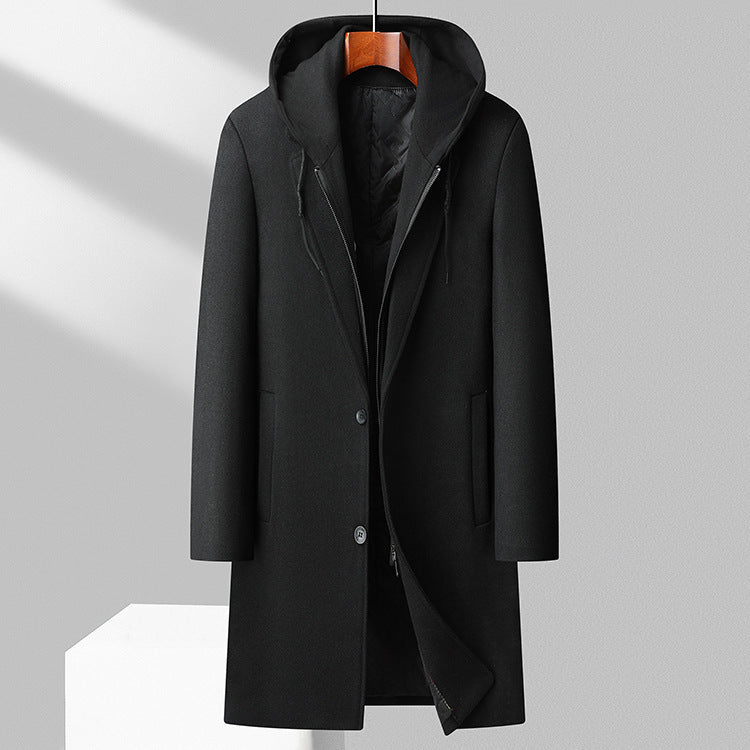 Premium Wool Blend Mid-Length Coat | Men's Detachable Hood Urban Topcoat