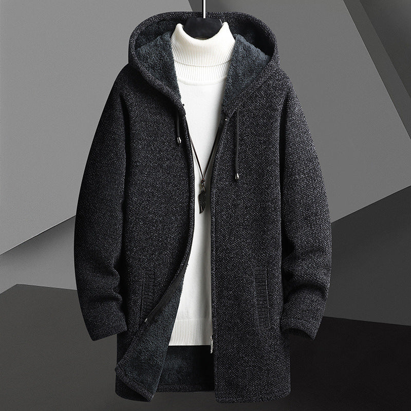 Men's Fleece-Lined Hooded Sweater Cardigan | Fall/Winter Mid-Length Zip-Up