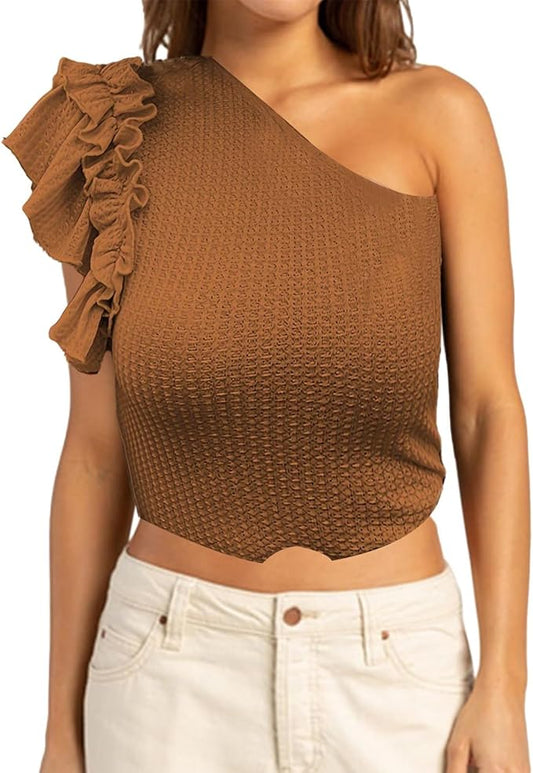 Textured Ruffled One Shoulder Top
