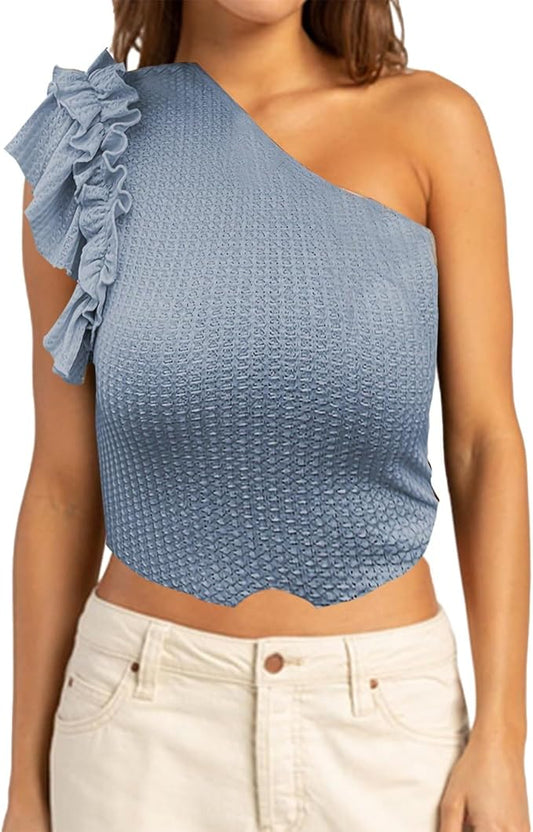 Textured Ruffled One Shoulder Top