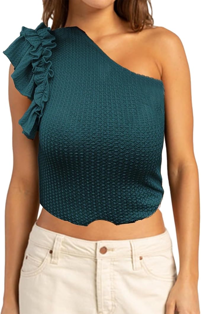 Textured Ruffled One Shoulder Top