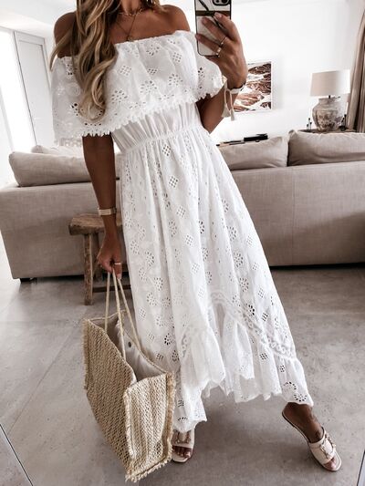 Off-Shoulder Eyelet Lace High-Low Maxi Dress