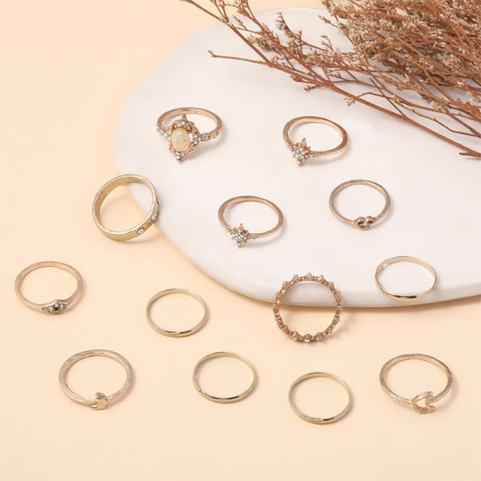 Vintage Opal Rhinestone Star Moon Stackable Ring Set