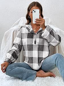 Gingham Half Button Drop Shoulder Hoodie
