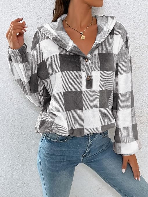 Gingham Half Button Drop Shoulder Hoodie
