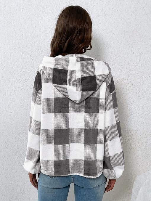 Gingham Half Button Drop Shoulder Hoodie