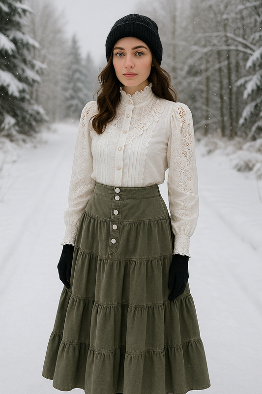 Teri's Couture Army Green Bohemian Tiered Denim Skirt