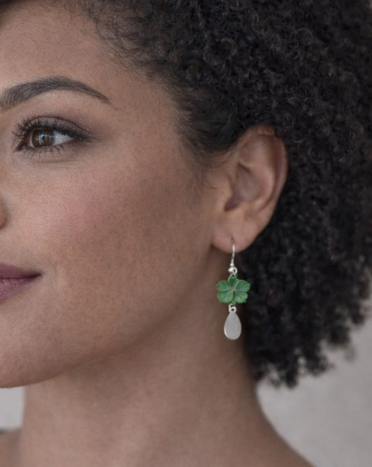 Covaly Metal small green flower with a silver drop hanging Earring