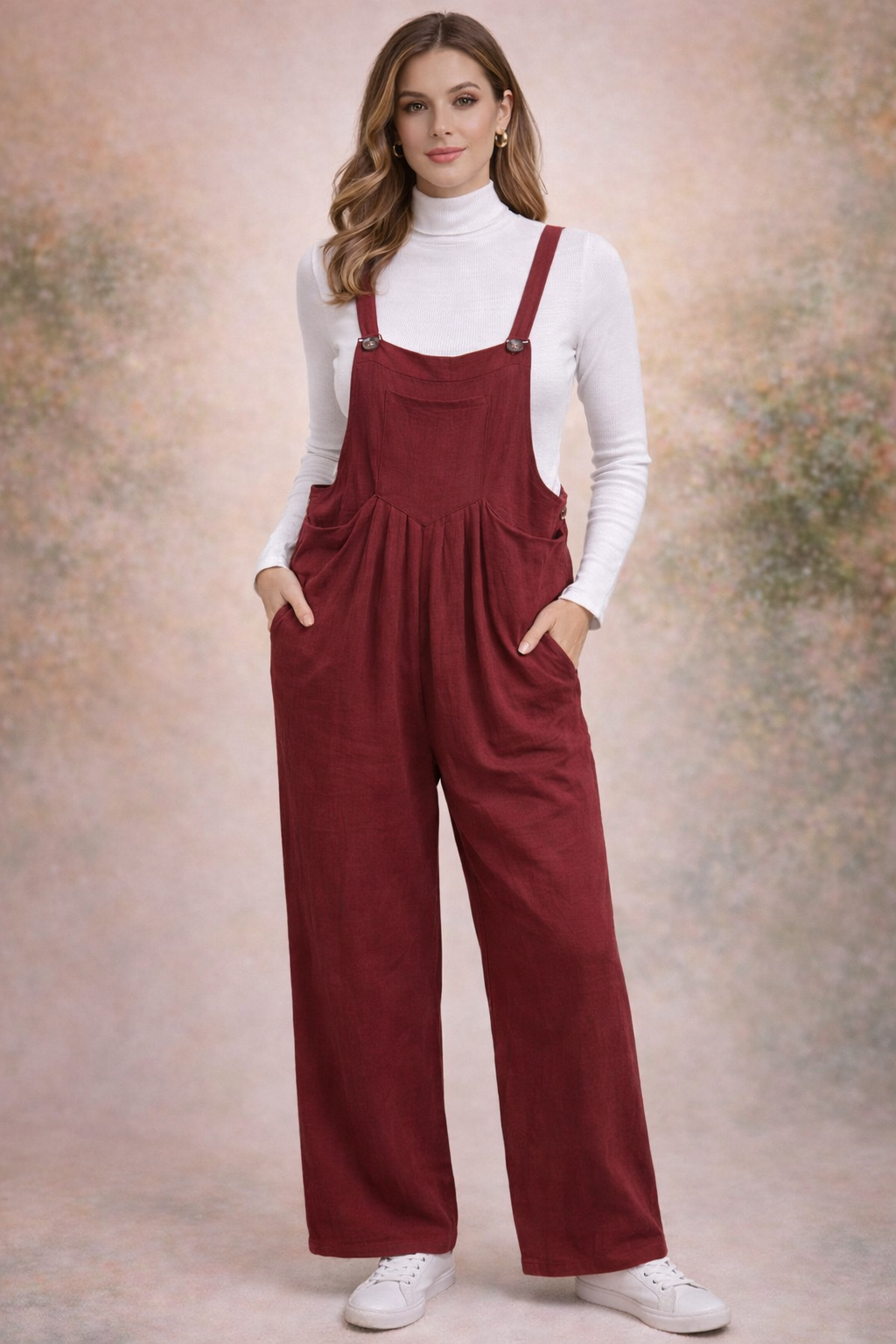 Teri's Couture Ladies Solid Burgundy Wide-Leg Jumpsuit Overalls