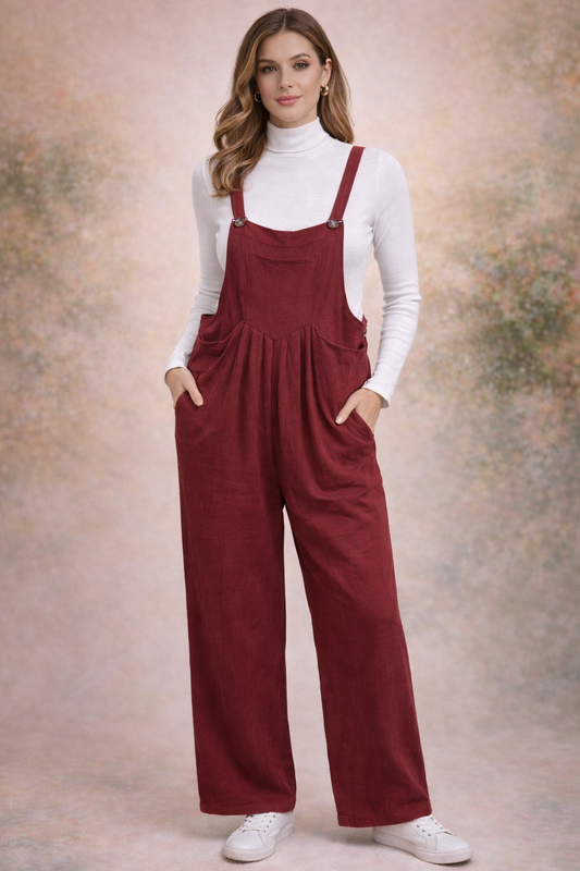 Teri's Couture Ladies Solid Burgundy Wide-Leg Jumpsuit Overalls