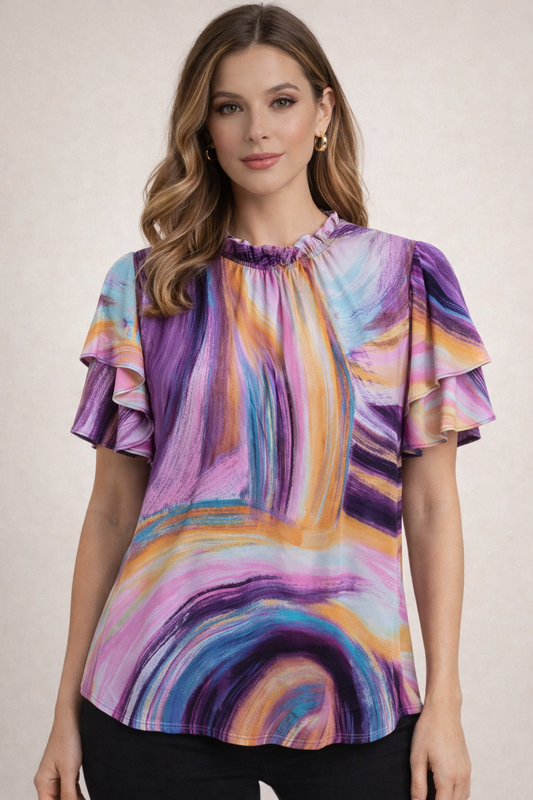 Teri's Couture Watercolor Abstract Print Flowy Sleeve Top