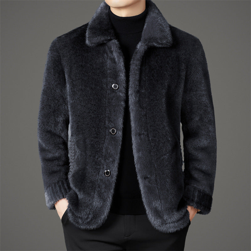 Men's Luxury Winter Golden Mink Faux Leather Wool Coat
