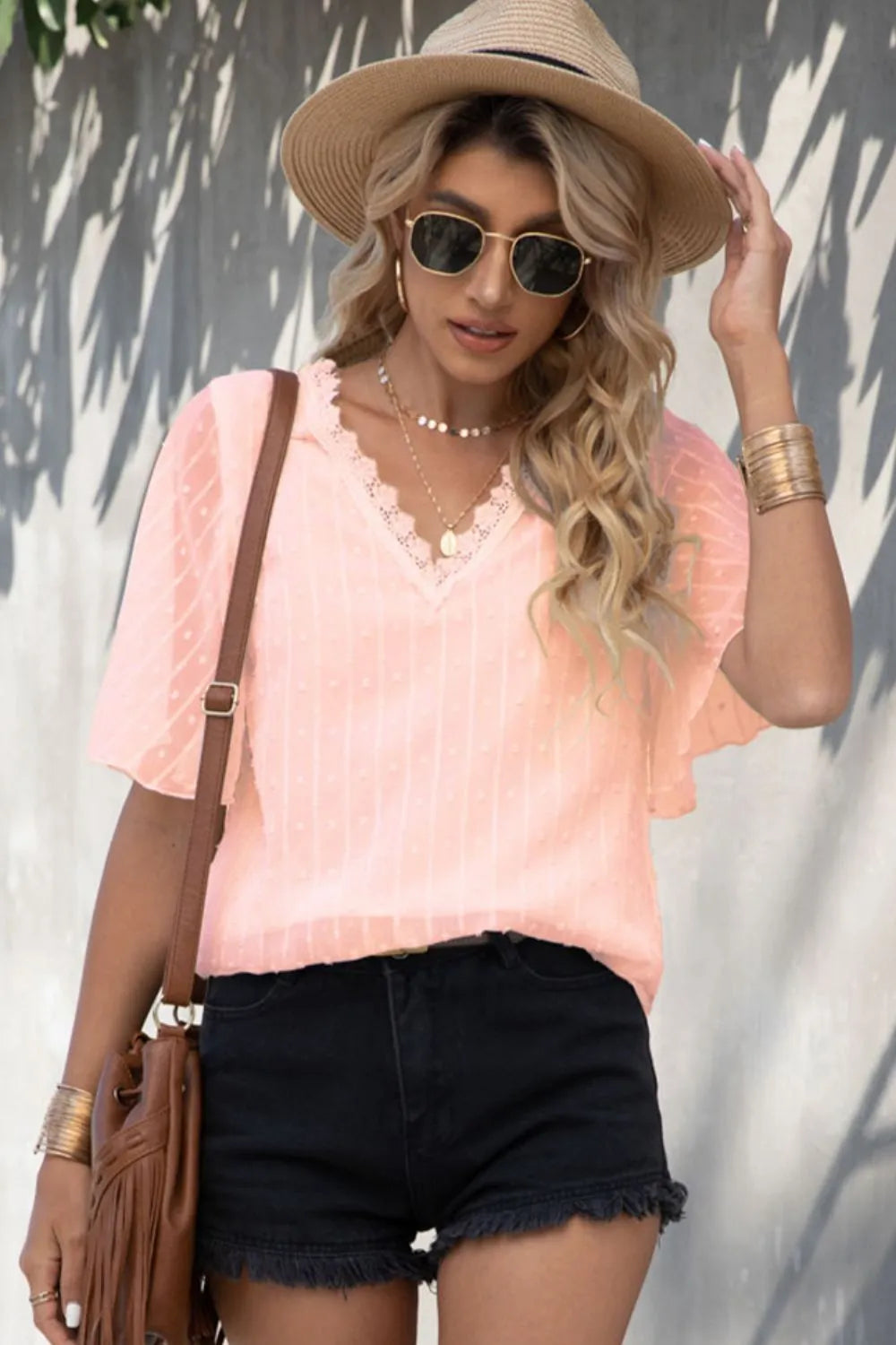 Shiny Swiss Dot Lace Trim Flutter Sleeve V-Neck Blouse