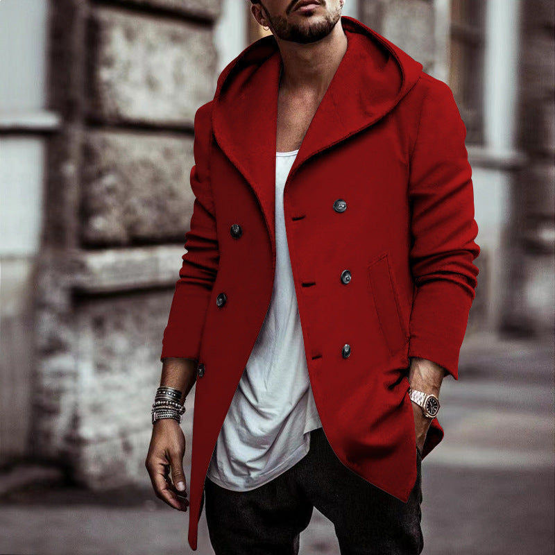 Men's Mid-Length Double-Breasted Trench Coat | Lapel Hooded Style Outerwear