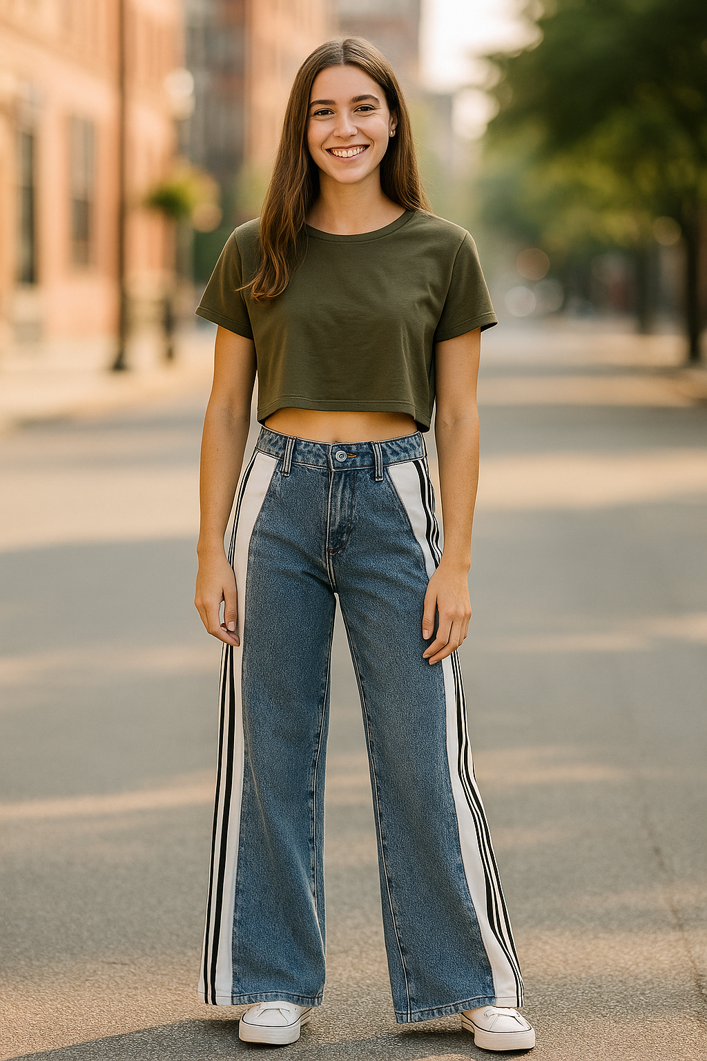 Teri's Couture Green Crop Tee & Jersey-Panel Jeans Set