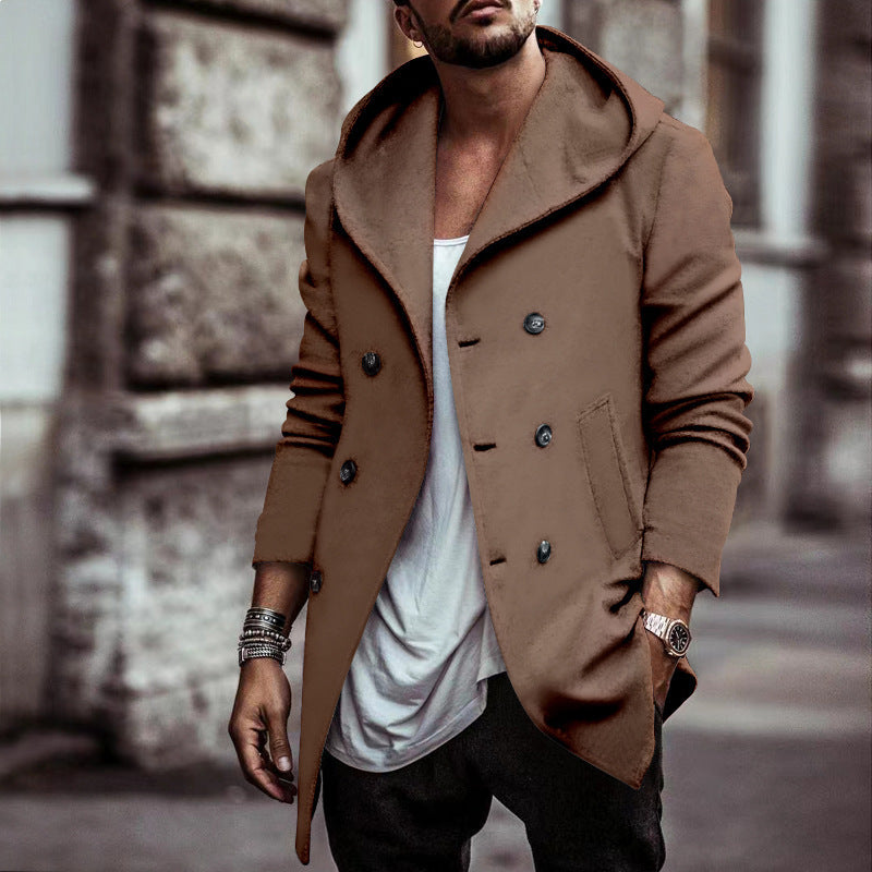 Men's Mid-Length Double-Breasted Trench Coat | Lapel Hooded Style Outerwear