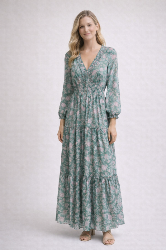 Teri's Couture Smocked Floral Maxi in Dusted Eucalyptus