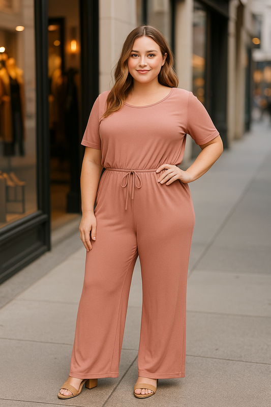 Teri's Couture Plus Size Mauve Knit Jumpsuit with Drawstring Waist